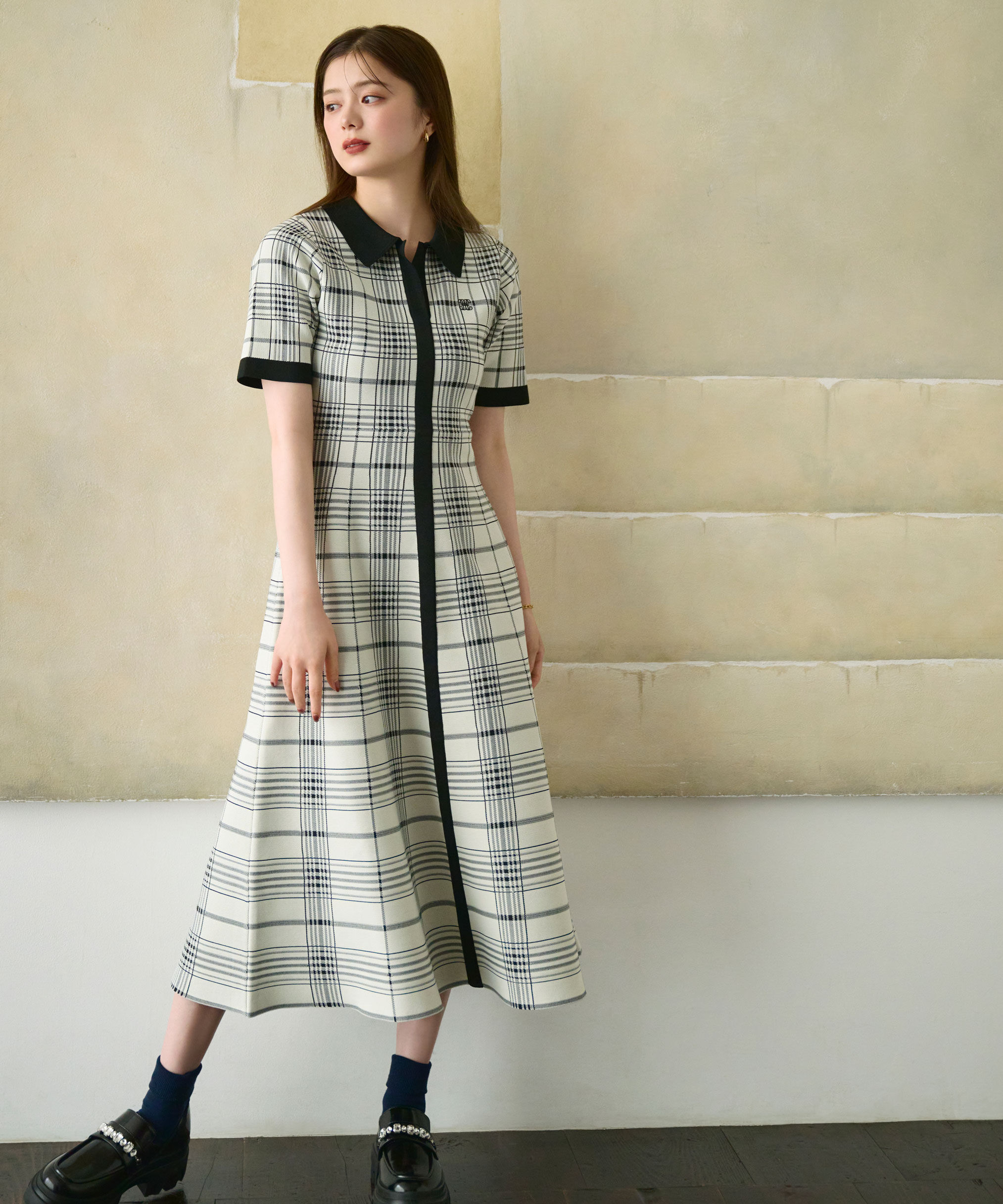  「ビッグチェックニットワンピース」|ワンピース|ホワイト1