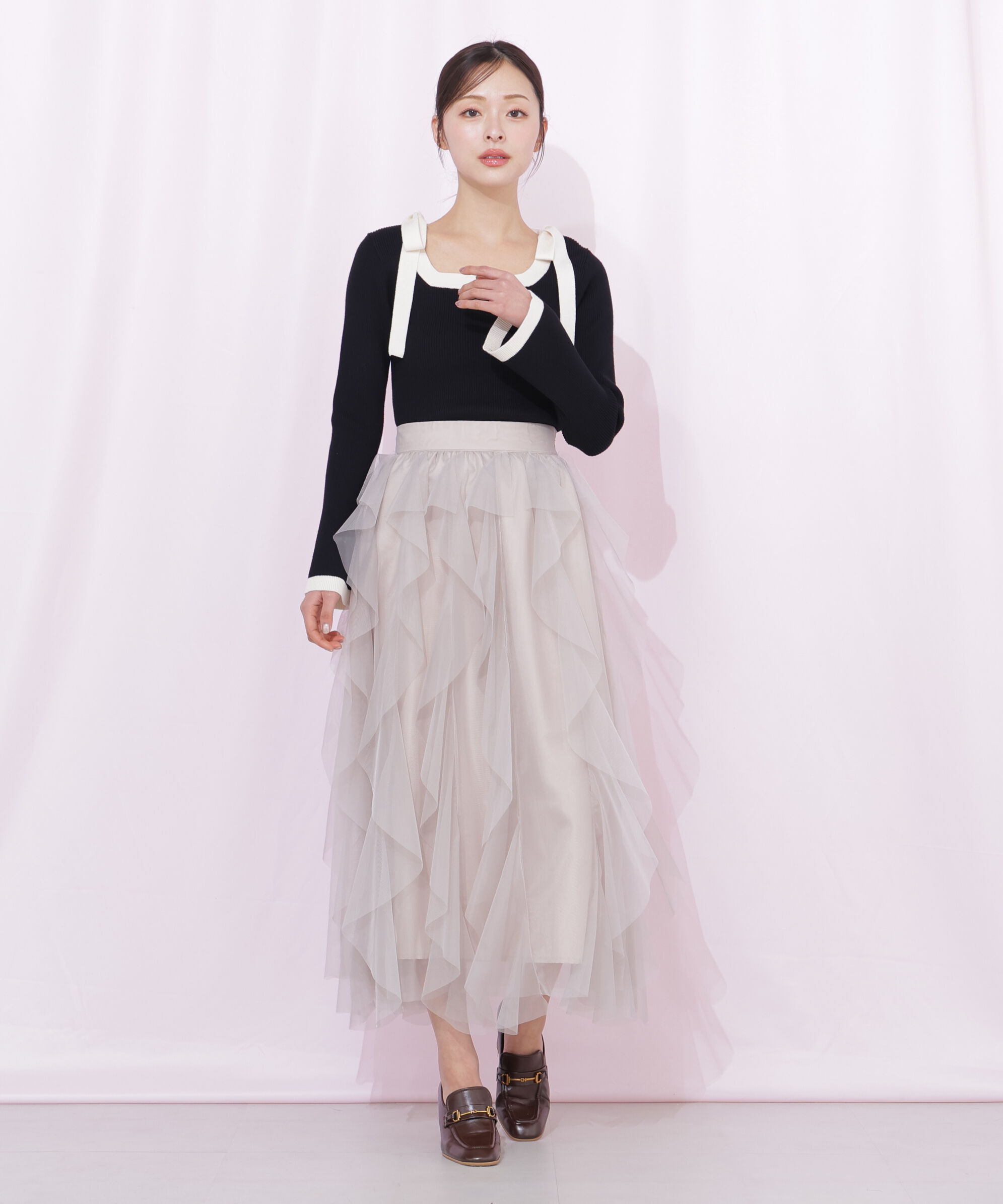  「縦ラッフルチュールスカート」|スカート|ベージュ