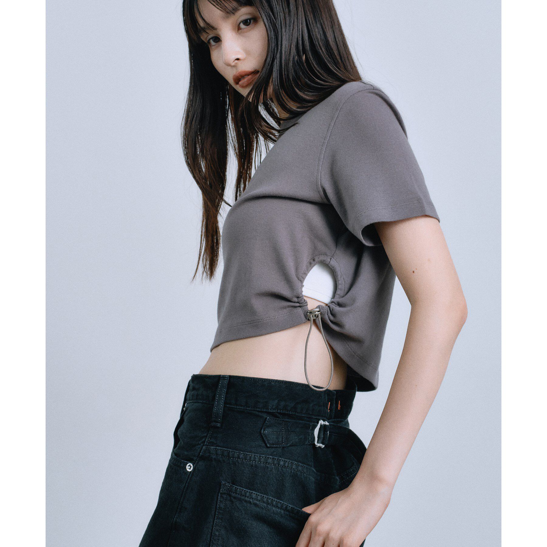 CODE A「drawstring crop tee」|Tシャツ・カットソー|グレー(012)