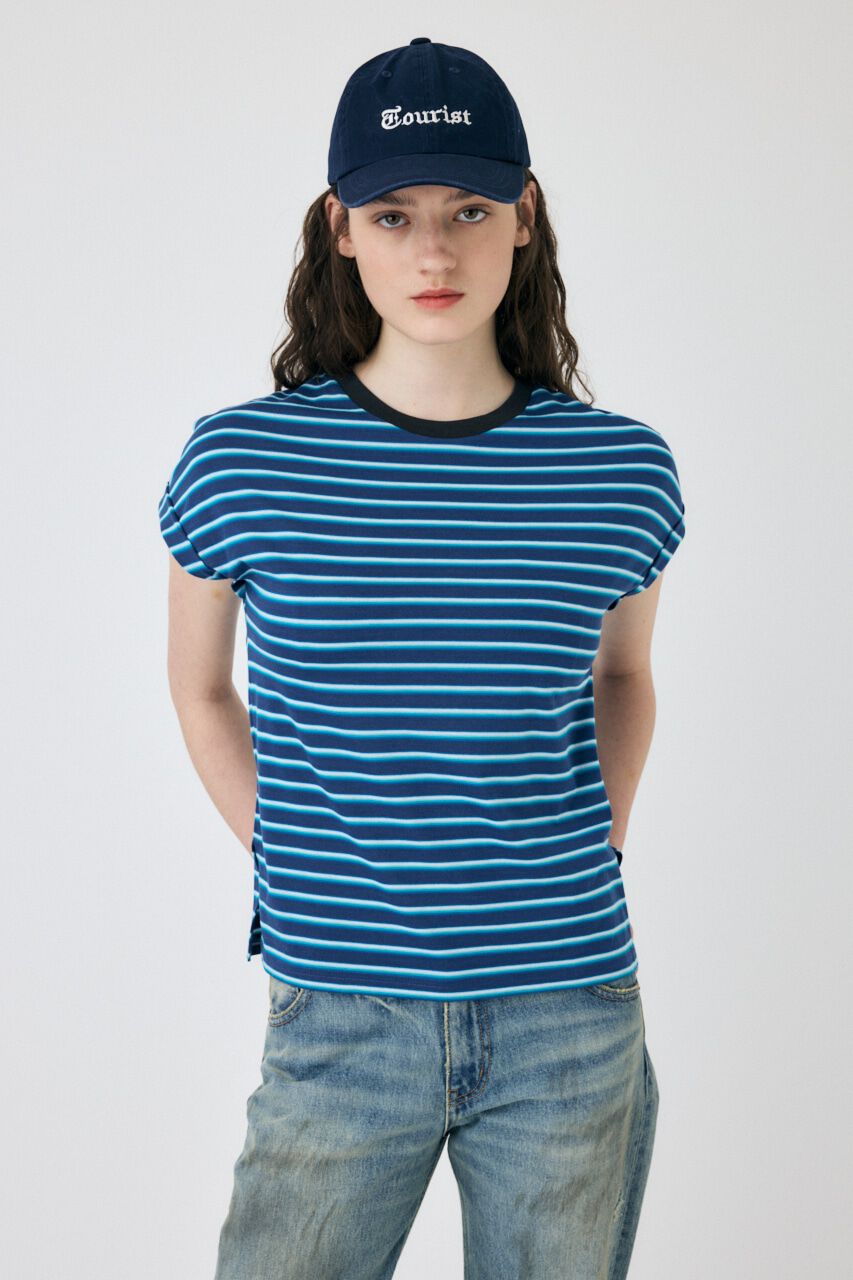 MOUSSY「ROLL SLEEVE マルチストライプ TEE」|Tシャツ・カットソー|BLU