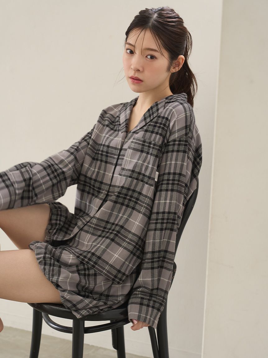 SNIDEL HOME「チェック開襟シャツ」|ルームウェア|BLK