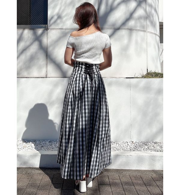MERCURYDUO「ギンガムバックレースアップタックフレアスカート」|スカート|