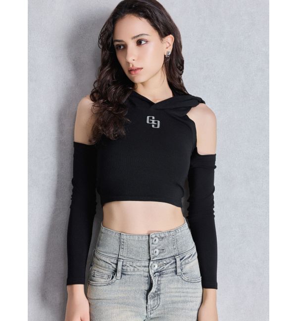 GYDA「GGフードショルダーオープンデザインショートトップス」|Tシャツ・カットソー|