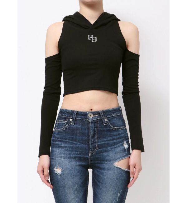 GYDA「GGフードショルダーオープンデザインショートトップス」|Tシャツ・カットソー|