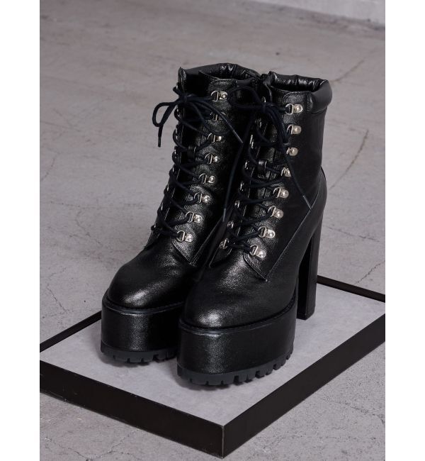 GYDA「shiny lace upタンクソールショートブーツ」|ショートブーツ|ブラック