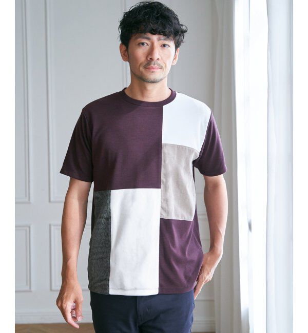 ikka「ブロックスCHスエード切り替えTシャツ」|Tシャツ・カットソー|