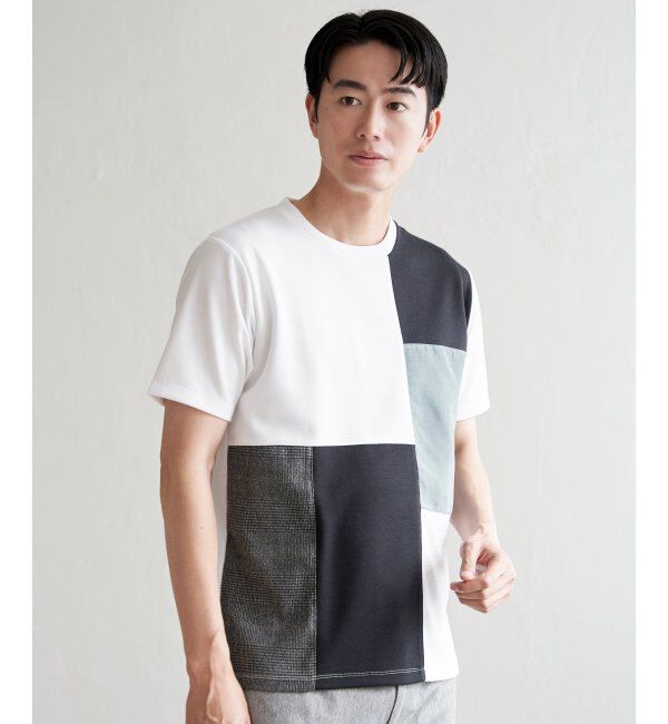 ikka「ブロックスCHスエード切り替えTシャツ」|Tシャツ・カットソー|