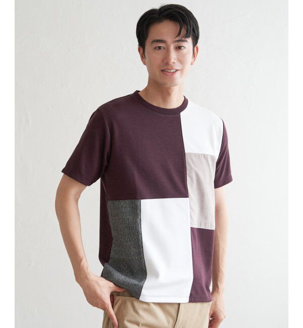 ikka「ブロックスCHスエード切り替えTシャツ」|Tシャツ・カットソー|