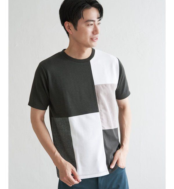 ikka「ブロックスCHスエード切り替えTシャツ」|Tシャツ・カットソー|カーキ