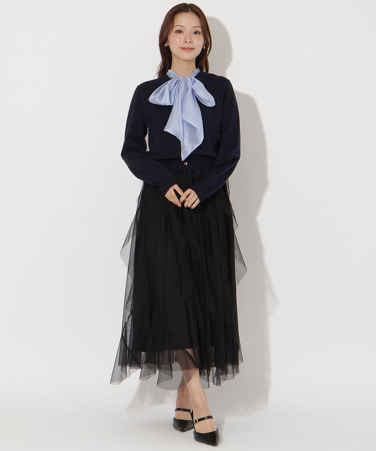 アンドクチュール「ラッフルフリルチュールスカート」|フレア|ブラック