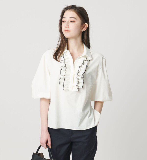 UNITED ARROWS「メロー フリル スキッパー パフ ブラウス ‐防しわ 吸水速乾 UVカット 遮熱性 接触冷感 ウォッシャブル‐」|シャツ・ブラウス|WHITE