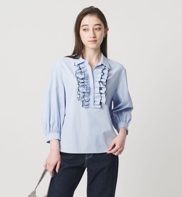 UNITED ARROWS「メロー フリル スキッパー パフ ブラウス ‐防しわ 吸水速乾 UVカット 遮熱性 接触冷感 ウォッシャブル‐」|シャツ・ブラウス|LT.BLUE