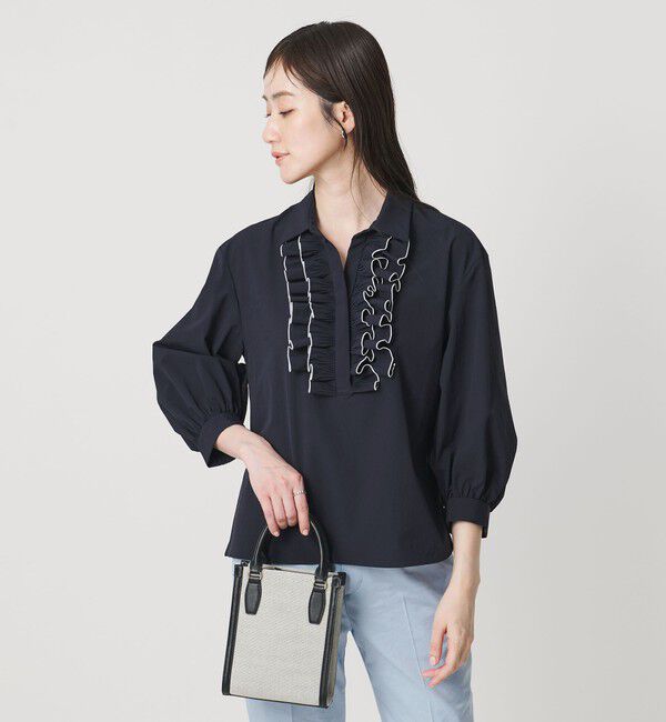 UNITED ARROWS「メロー フリル スキッパー パフ ブラウス ‐防しわ 吸水速乾 UVカット 遮熱性 接触冷感 ウォッシャブル‐」|シャツ・ブラウス|NAVY