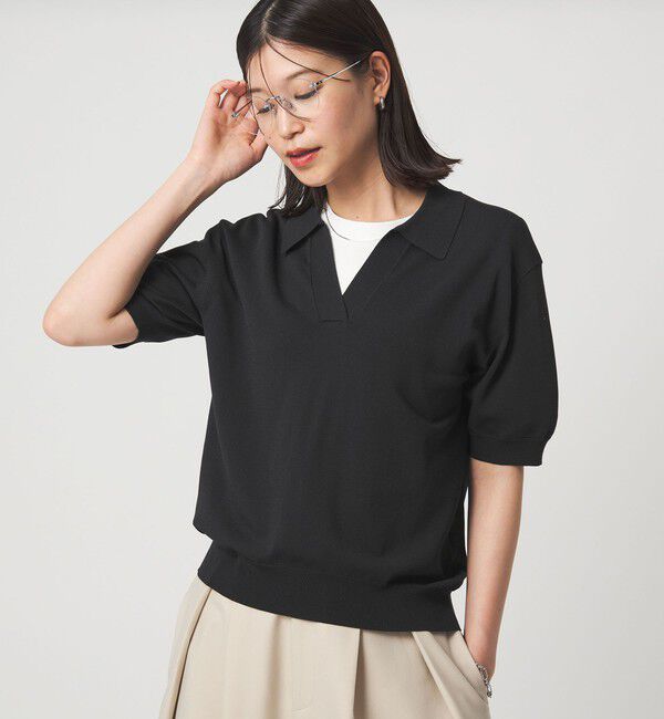 UNITED ARROWS green label relaxing「【WEB限定】＜at ease＞エリツキ スキッパー ニット 接触冷感 UVカット 遮熱」|ニット・セーター|BLACK