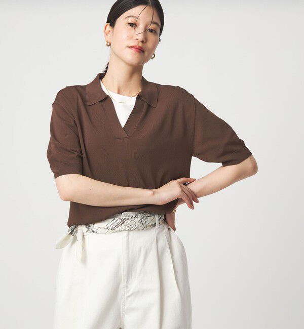 UNITED ARROWS green label relaxing「【WEB限定】＜at ease＞エリツキ スキッパー ニット 接触冷感 UVカット 遮熱」|ニット・セーター|DK.BROWN