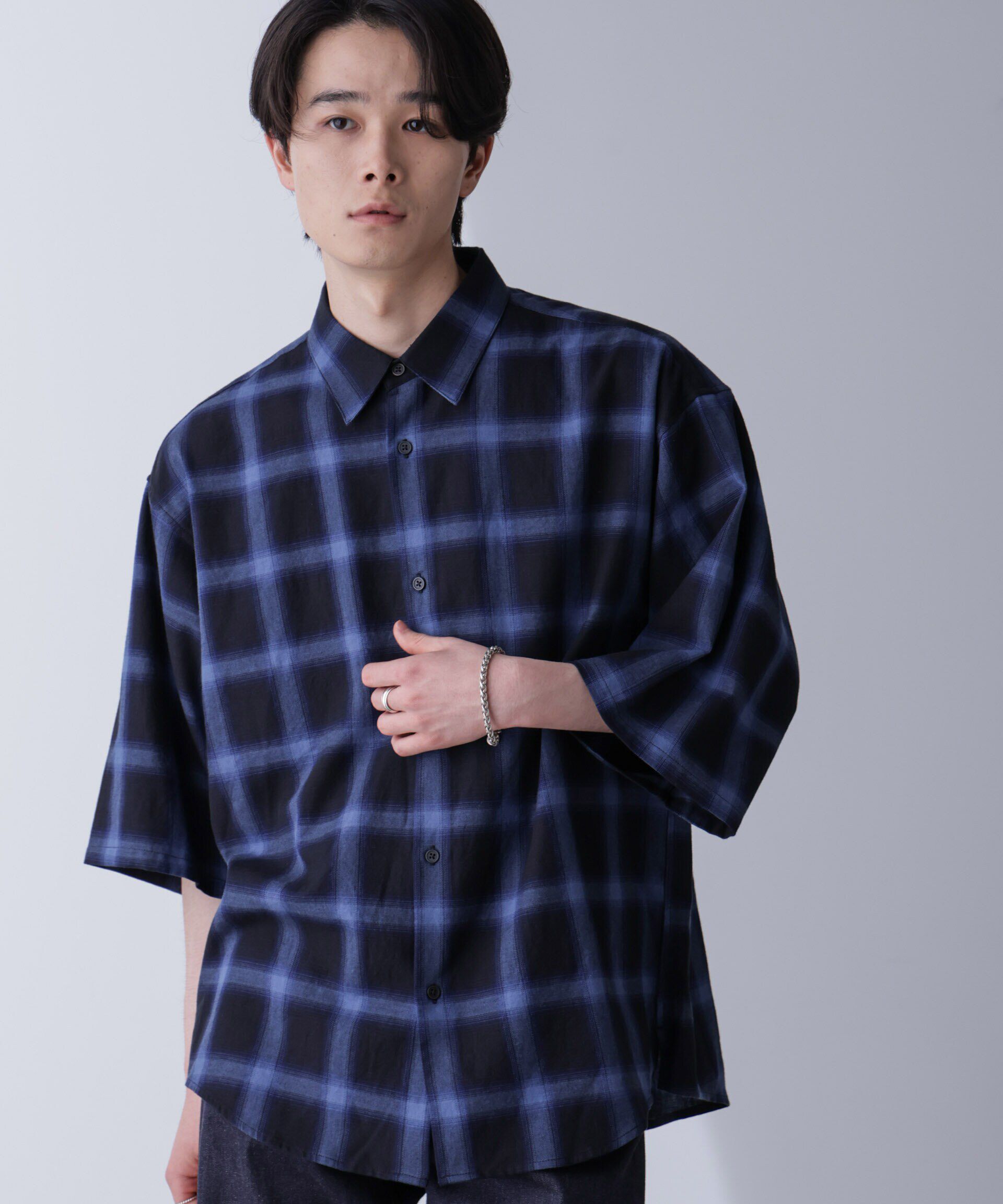 nano･universe「リラックスオンブレーチェックシャツ 半袖」|シャツ・ブラウス|ネイビー