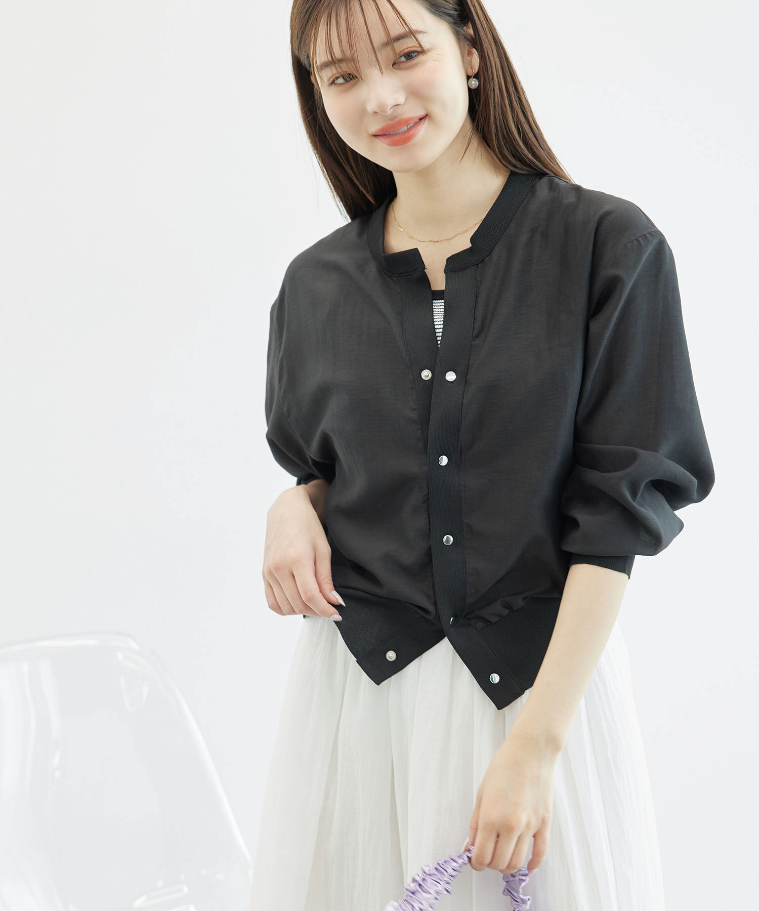 Rope&rsquo;Picnic「シアーブルゾンカーディガン」|カーディガン|ブラック(01)