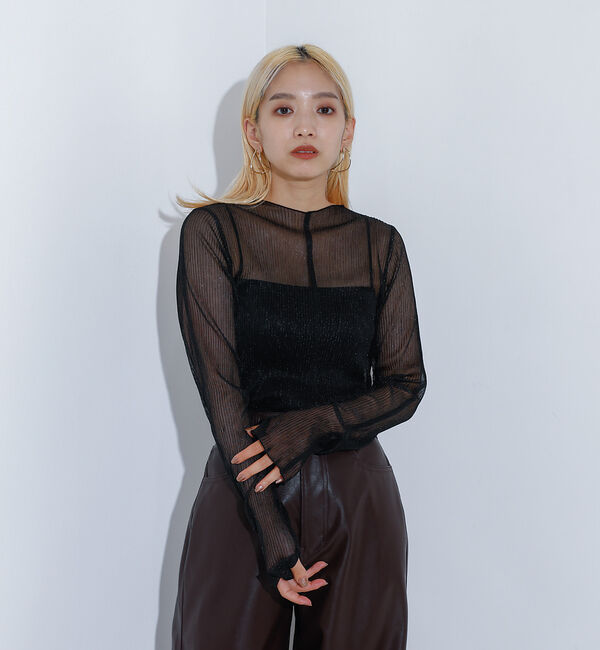 NOMINE「ラメ シアー プリーツ トップス （ロンＴ)」|Tシャツ・カットソー|ブラック