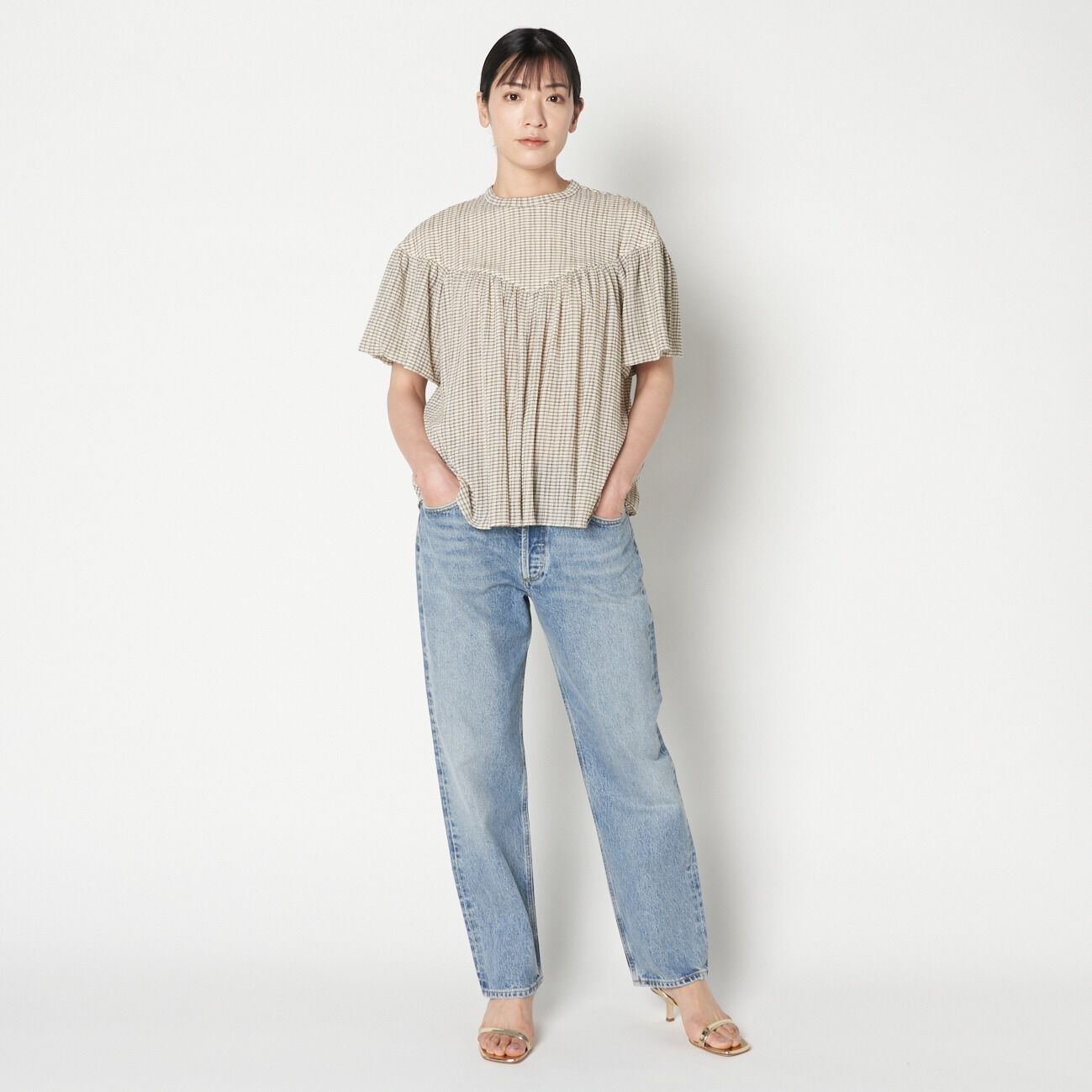 HELIOPOLE「HELIOPOLE CRAPE WINDOWPANE PIPING BL」|シャツ・ブラウス|