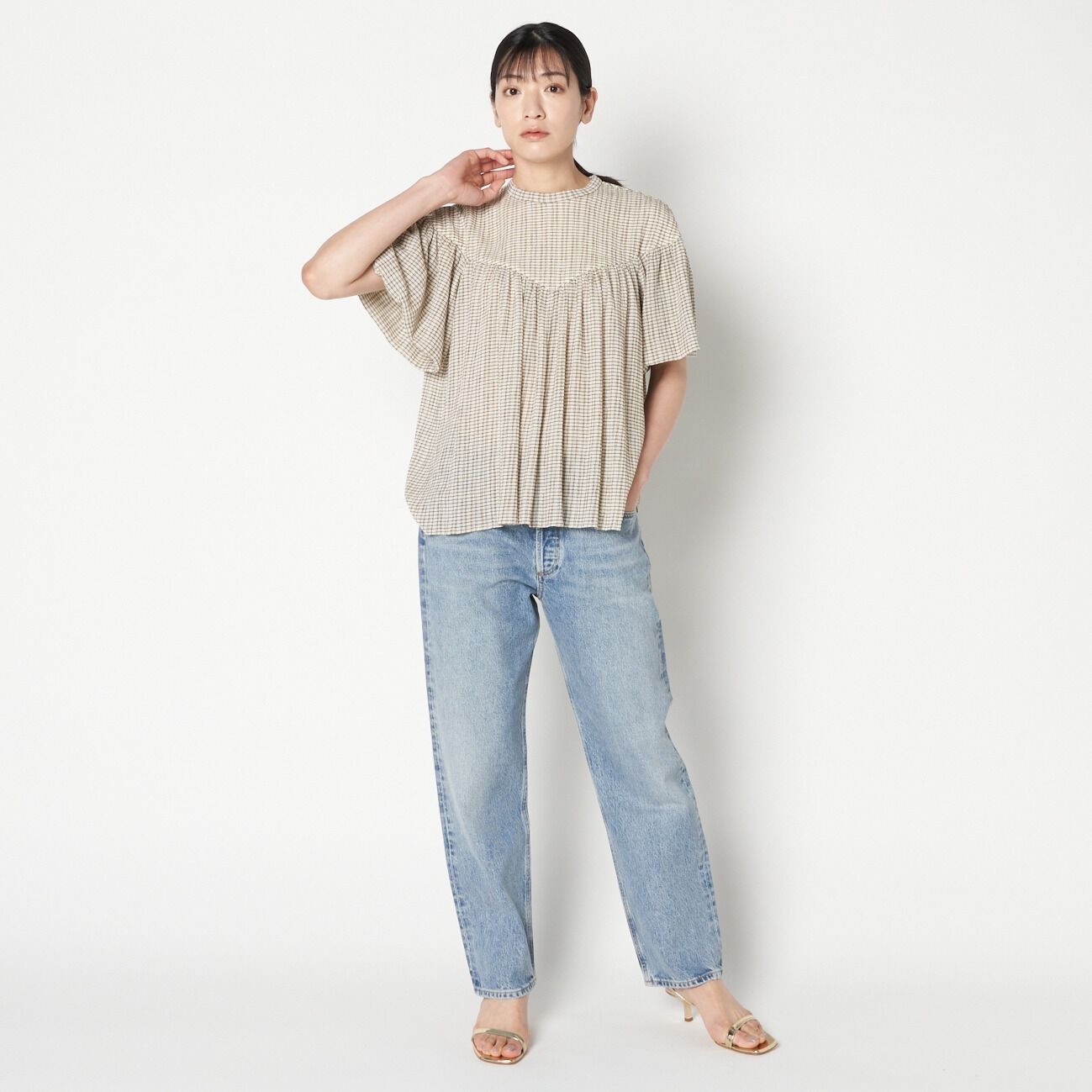 HELIOPOLE「HELIOPOLE CRAPE WINDOWPANE PIPING BL」|シャツ・ブラウス|