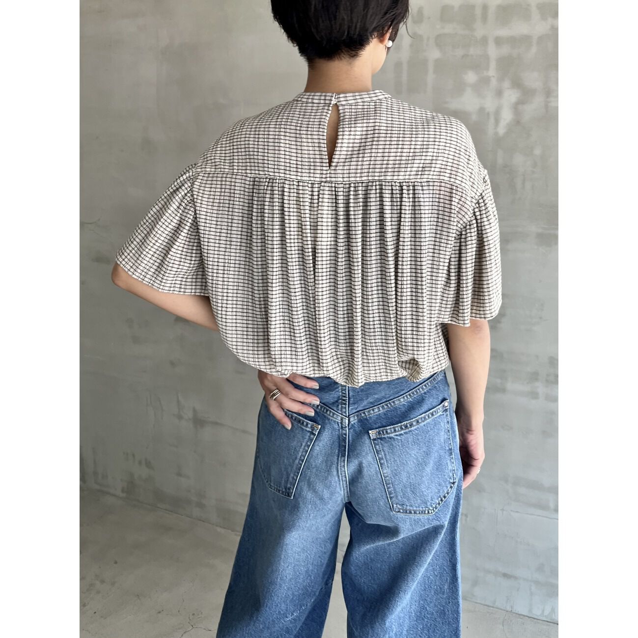 HELIOPOLE「HELIOPOLE CRAPE WINDOWPANE PIPING BL」|シャツ・ブラウス|