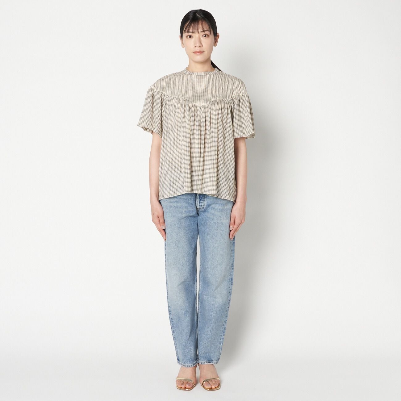 HELIOPOLE「HELIOPOLE CRAPE WINDOWPANE PIPING BL」|シャツ・ブラウス|