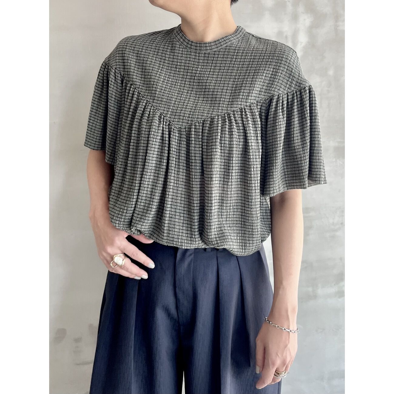 HELIOPOLE「HELIOPOLE CRAPE WINDOWPANE PIPING BL」|シャツ・ブラウス|