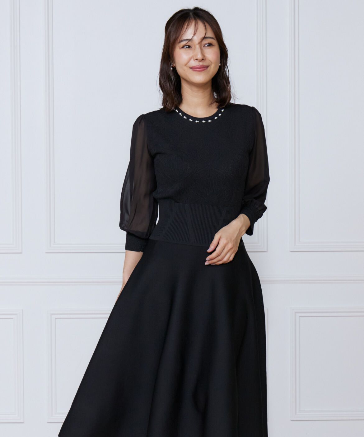 ef-de Black「ジャガードニット袖シフォンワンピース」|ワンピース|ブラック