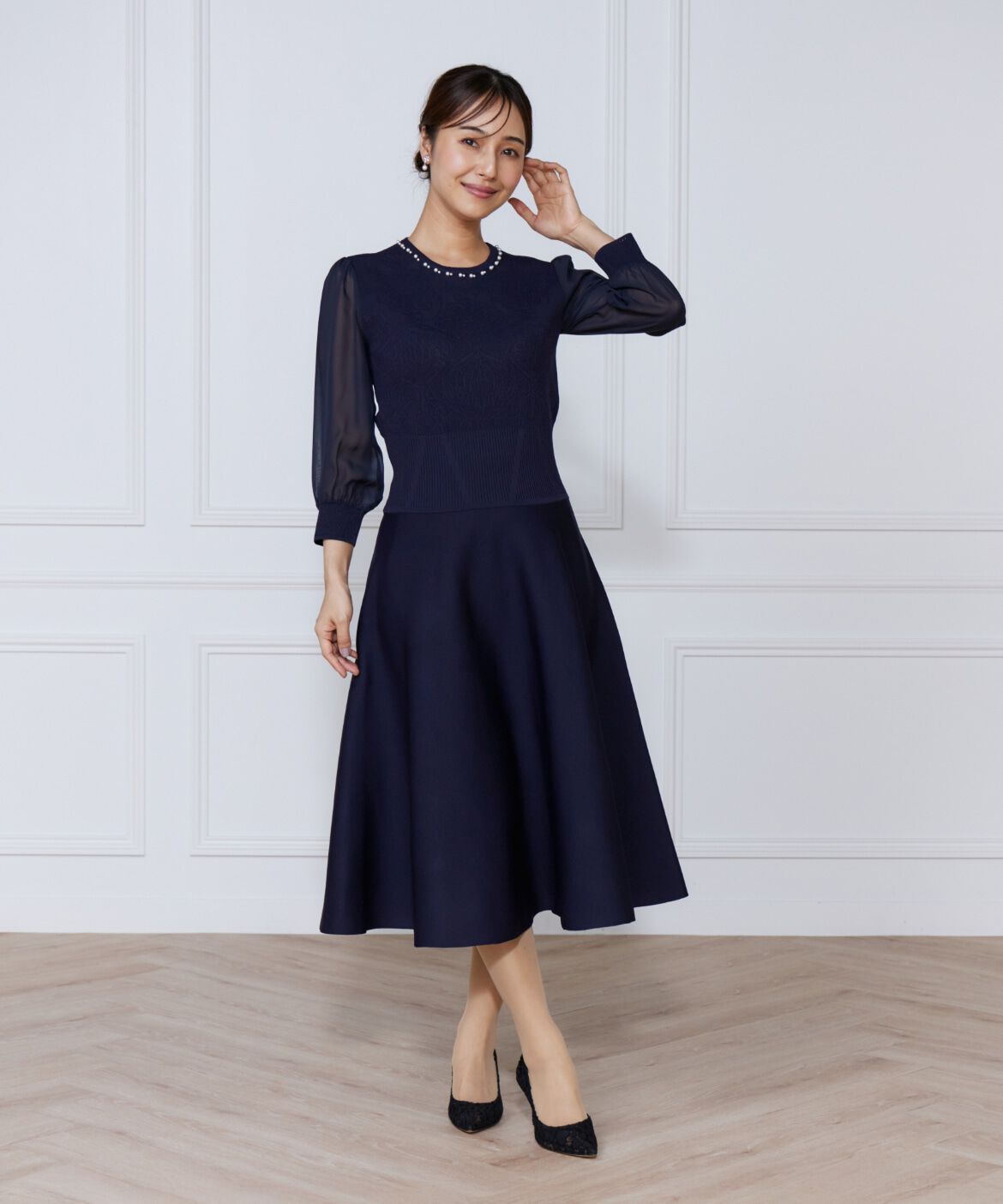 ef-de Black「ジャガードニット袖シフォンワンピース」|ワンピース|