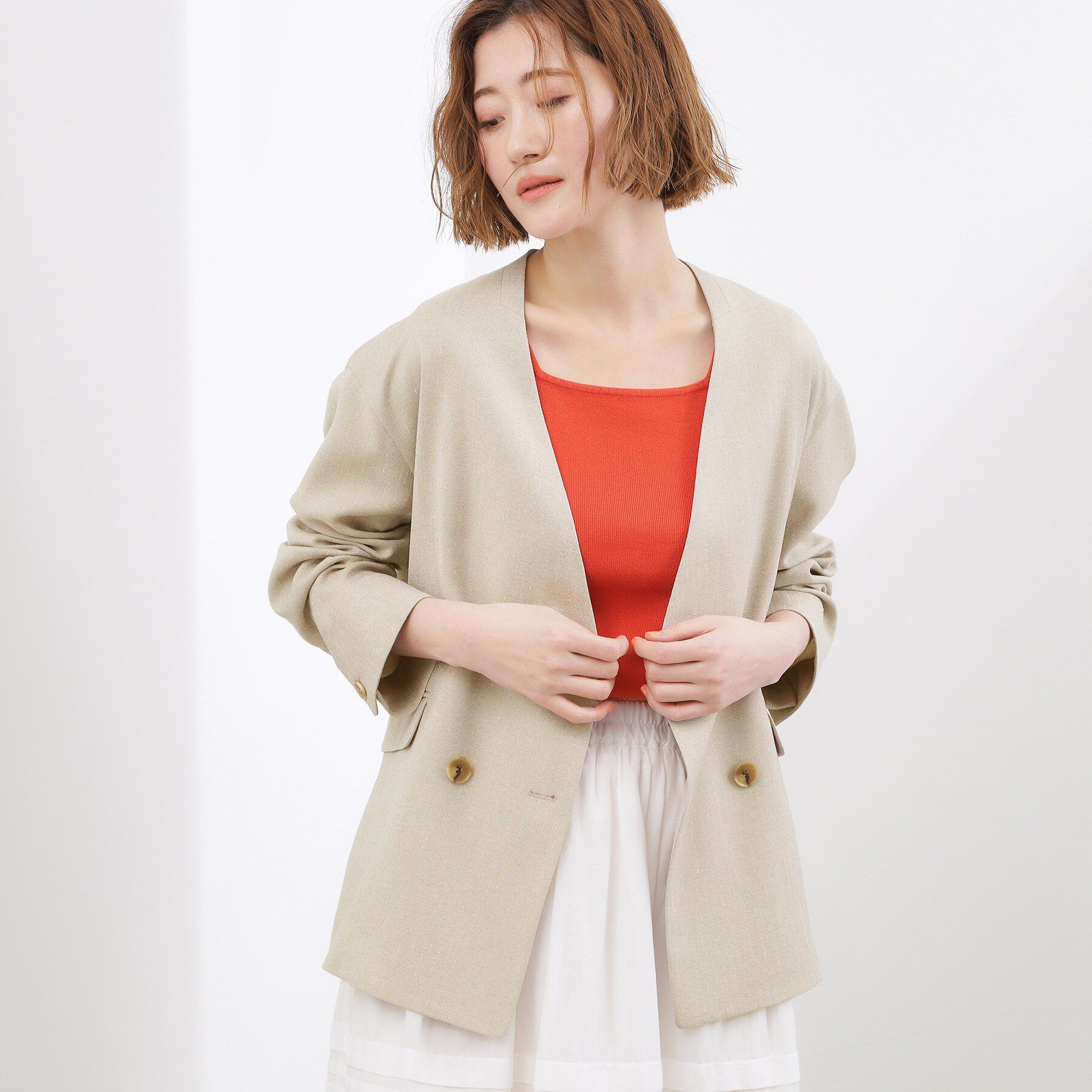 grove「【貴島明日香さん着用】リネンライクカラーレスジャケット」|ノーカラージャケット|