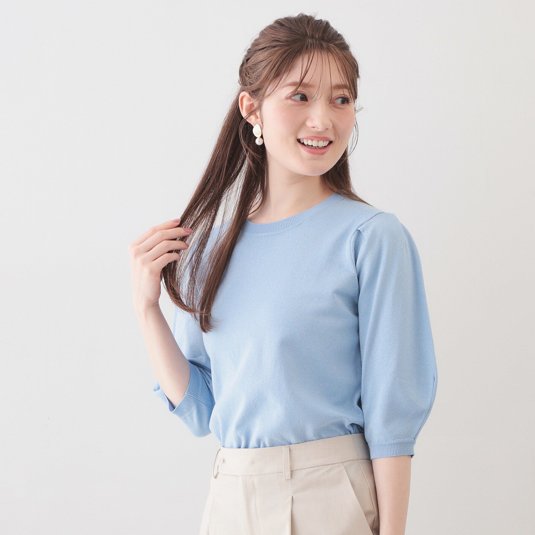 index「6分袖タックスリーブニット【洗濯機OK/UVケア】《XS～LL/9col》」|ニット・セーター|サックスブルー(69