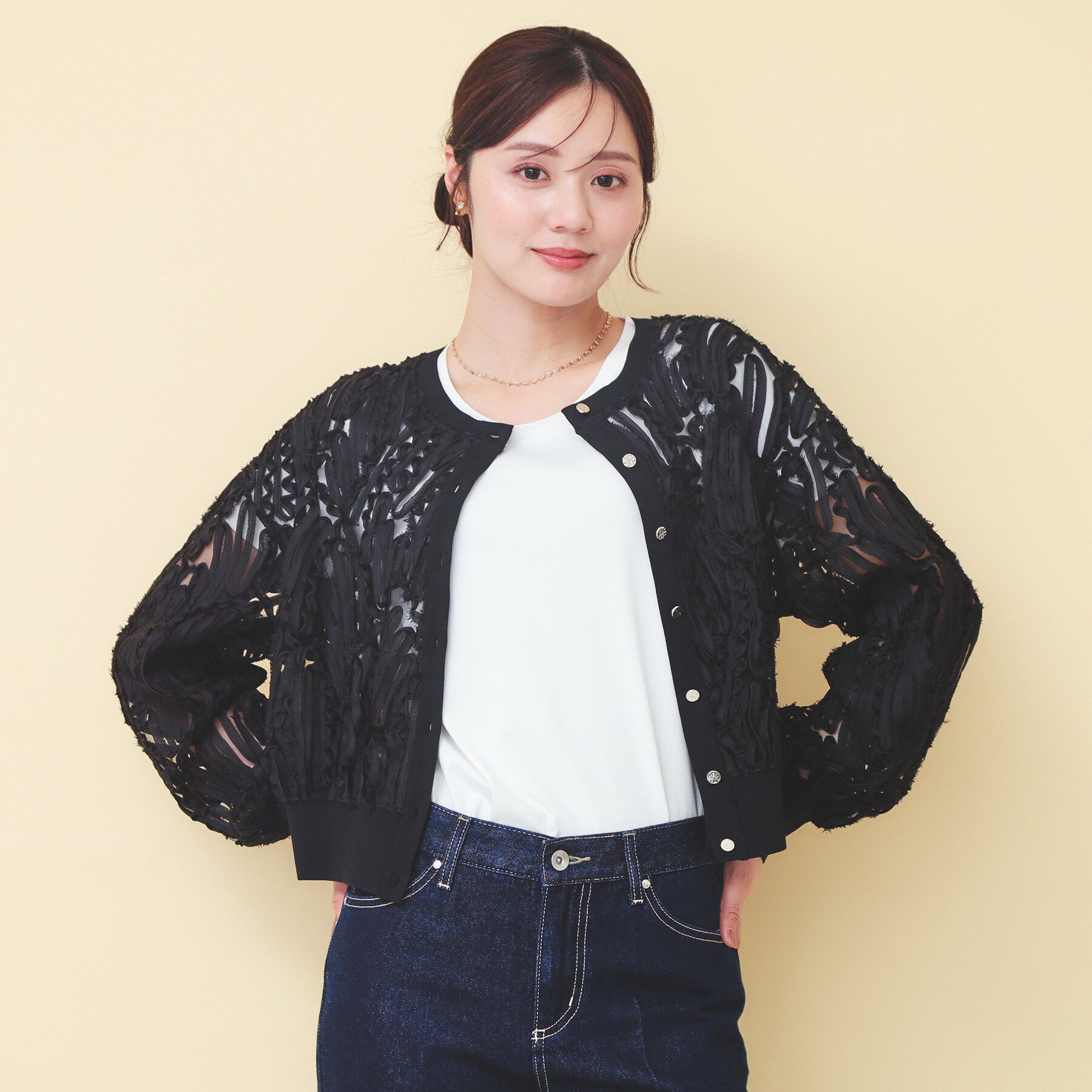 index「シアー幾何刺繍カーディガン【洗濯機OK】」|カーディガン|ブラック(019)