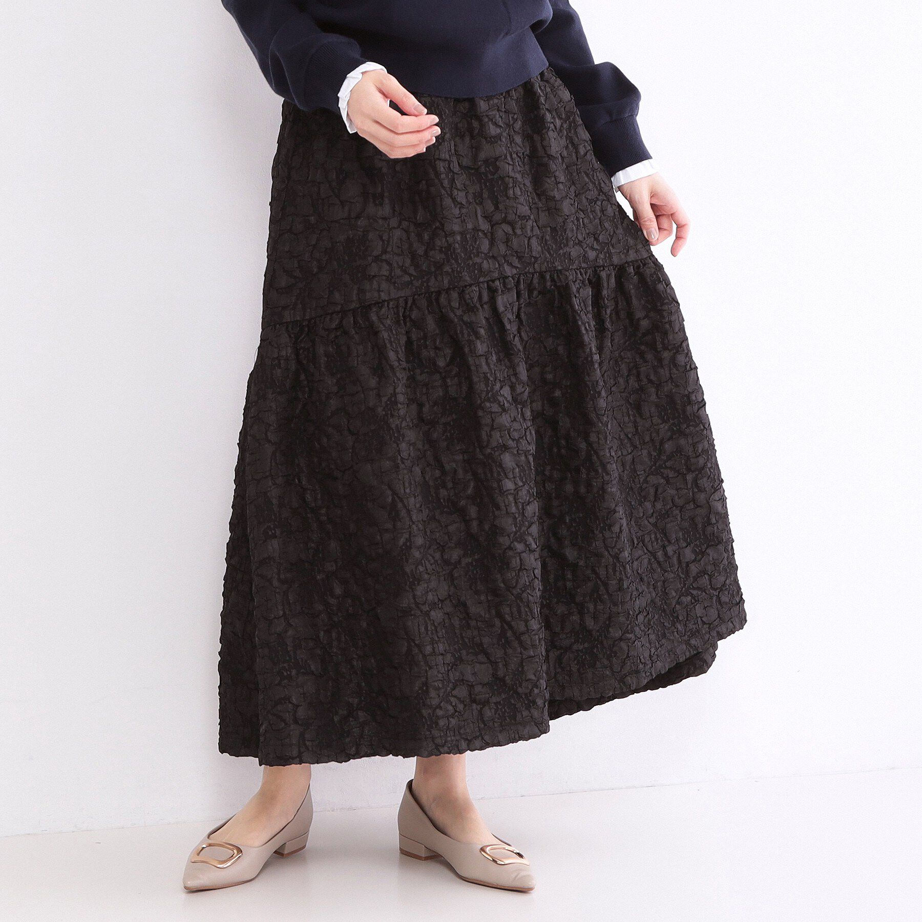 OPAQUE.CLIP「ふくれジャカードティアードスカート【洗濯機OK】」|スカート|ブラック(019)