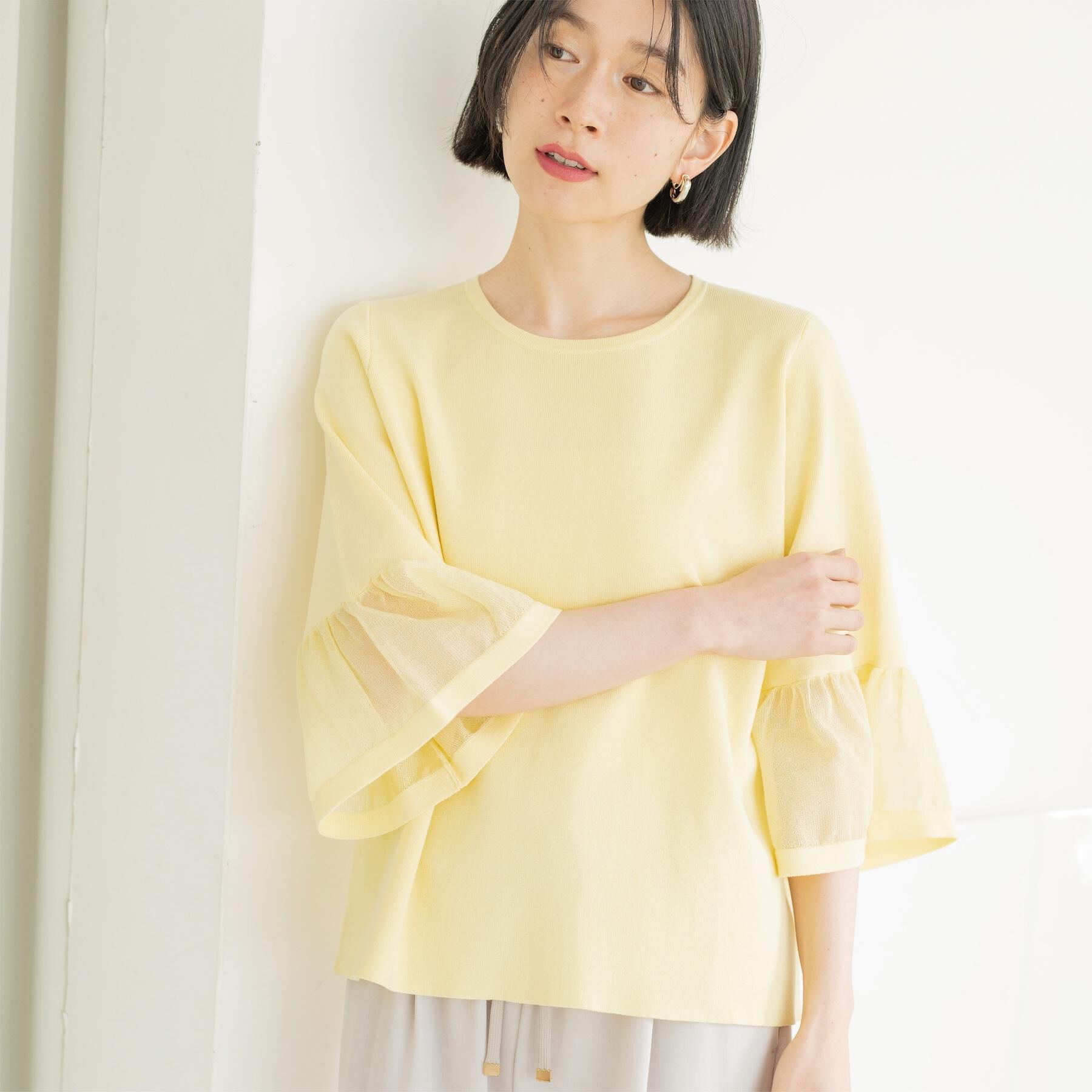 OPAQUE.CLIP「シアーフレアスリーブニット【洗濯機OK/抗ピル】」|ニット・セーター|イエロー(031)
