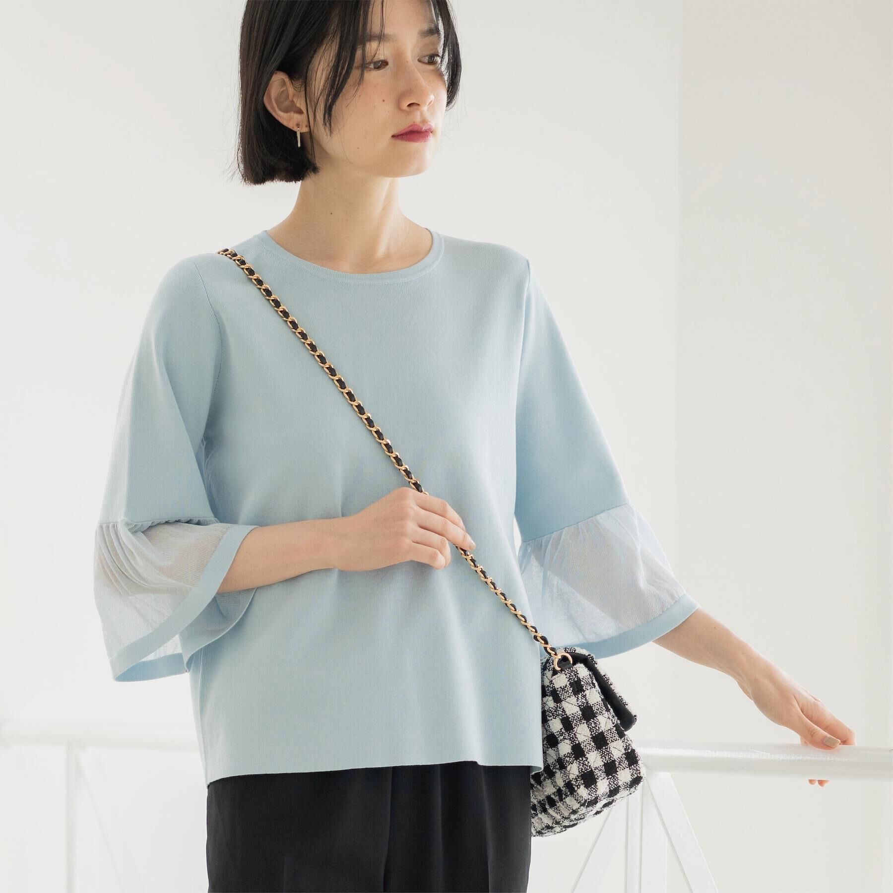 OPAQUE.CLIP「シアーフレアスリーブニット【洗濯機OK/抗ピル】」|ニット・セーター|ブルー(091)