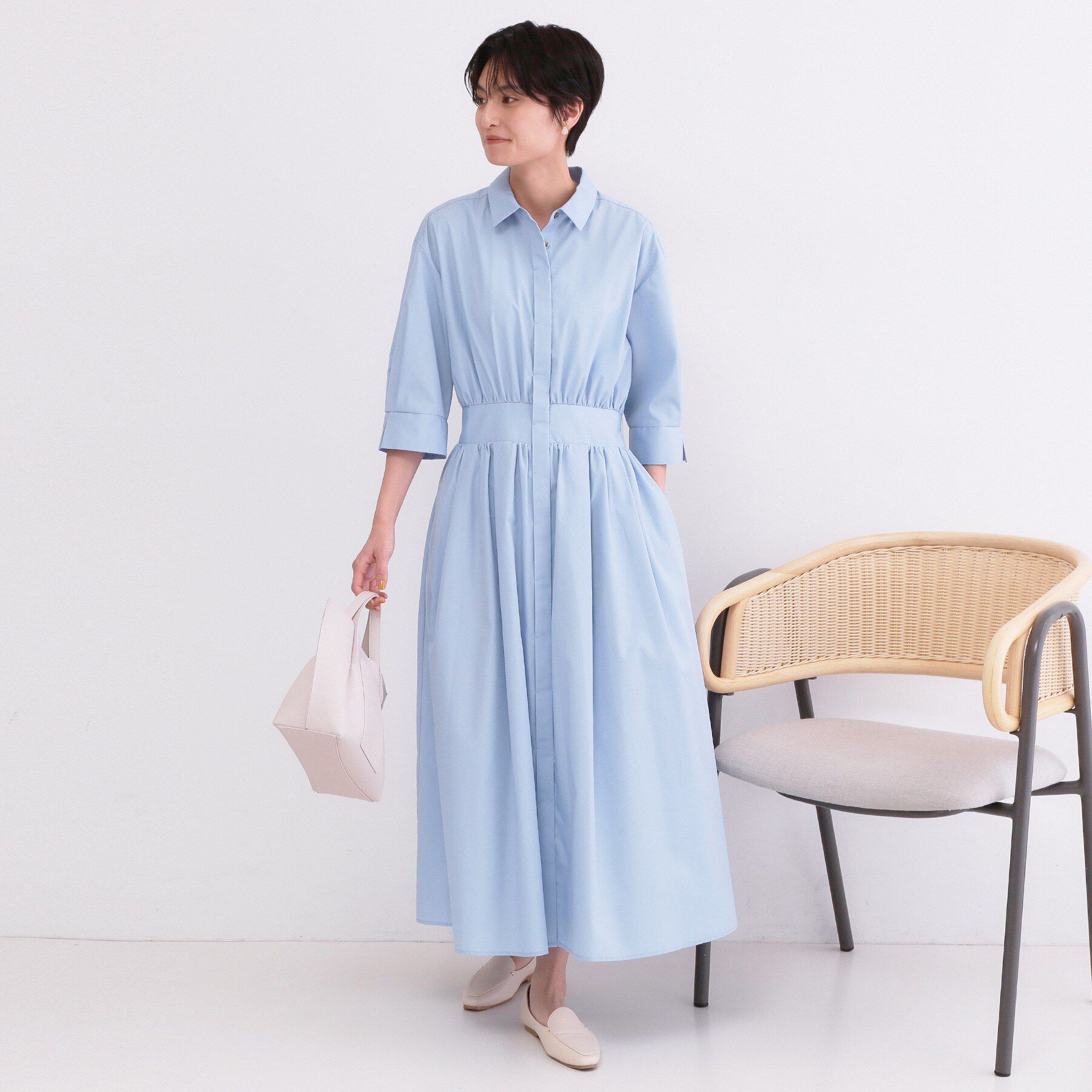 OPAQUE.CLIP「サッシュリボンベルト付きフレアシャツワンピース【洗濯機OK/防シワ加工】」|ワンピース|