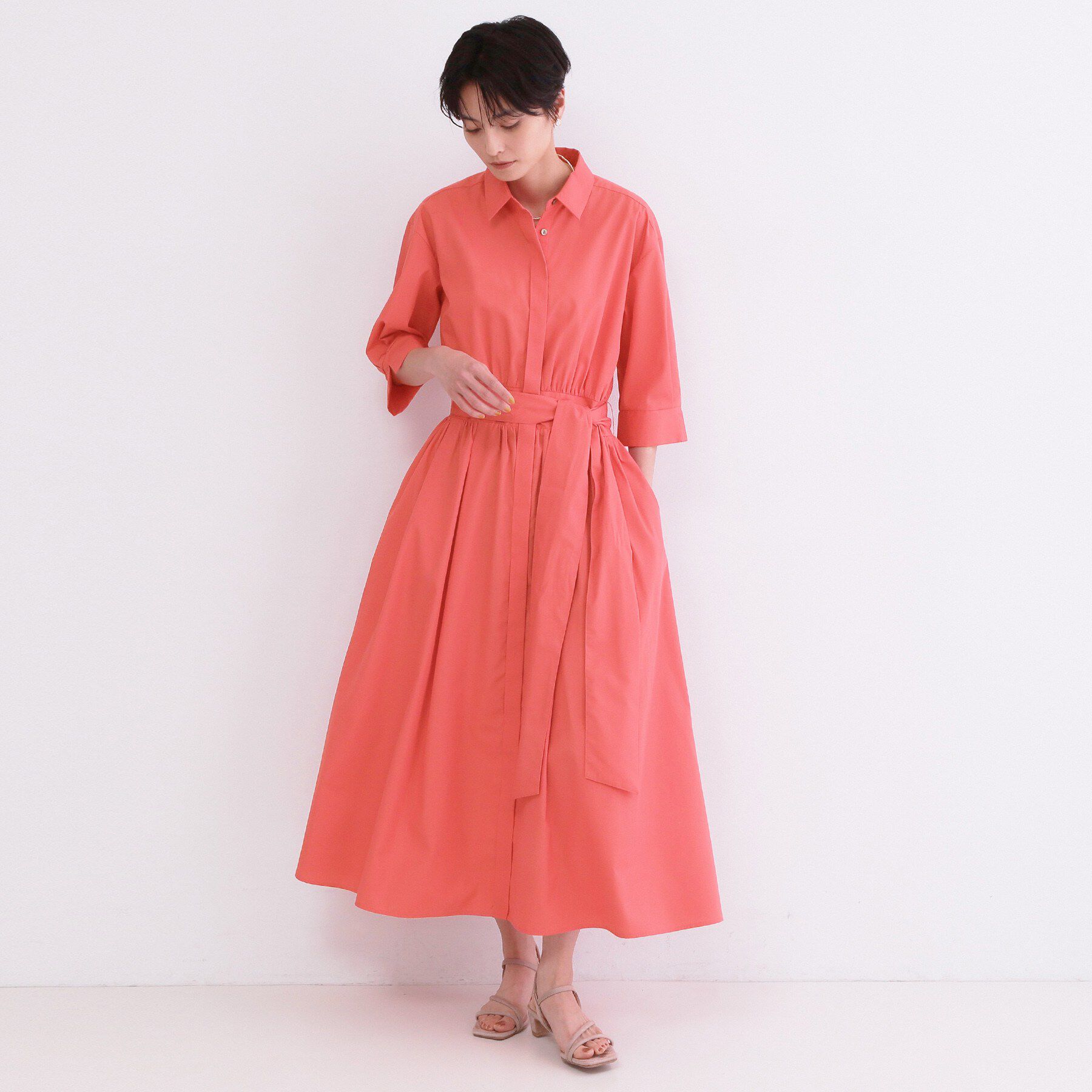 OPAQUE.CLIP「サッシュリボンベルト付きフレアシャツワンピース【洗濯機OK/防シワ加工】」|ワンピース|レッド(061)