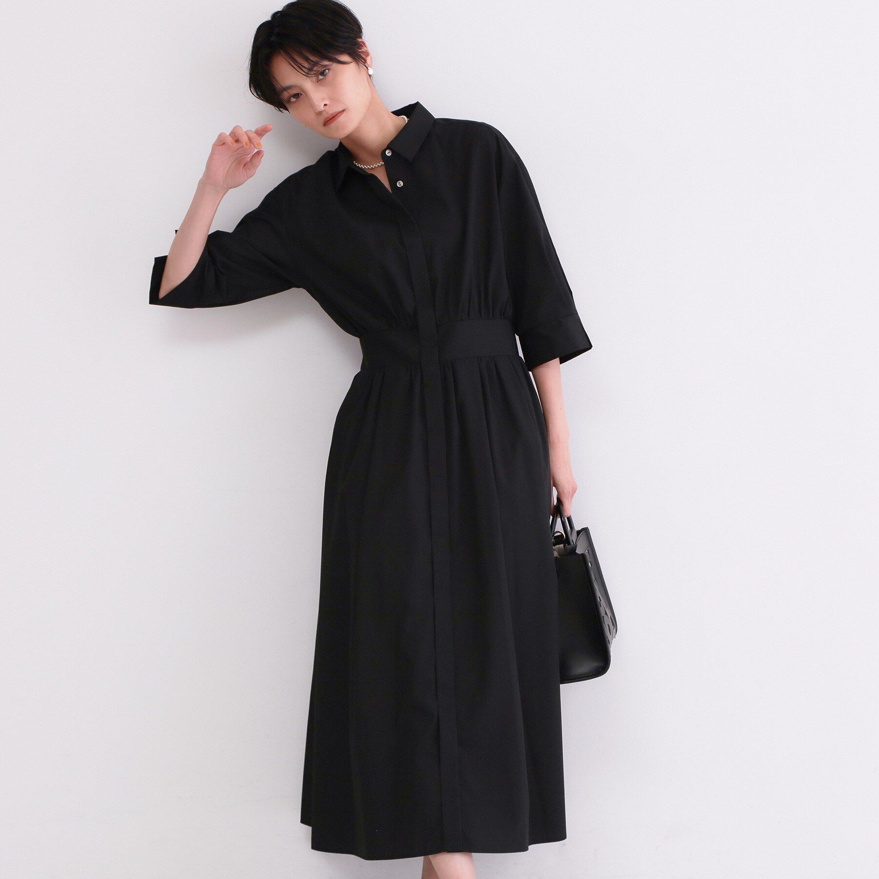 OPAQUE.CLIP「サッシュリボンベルト付きフレアシャツワンピース【洗濯機OK/防シワ加工】」|ワンピース|ブラック(819)
