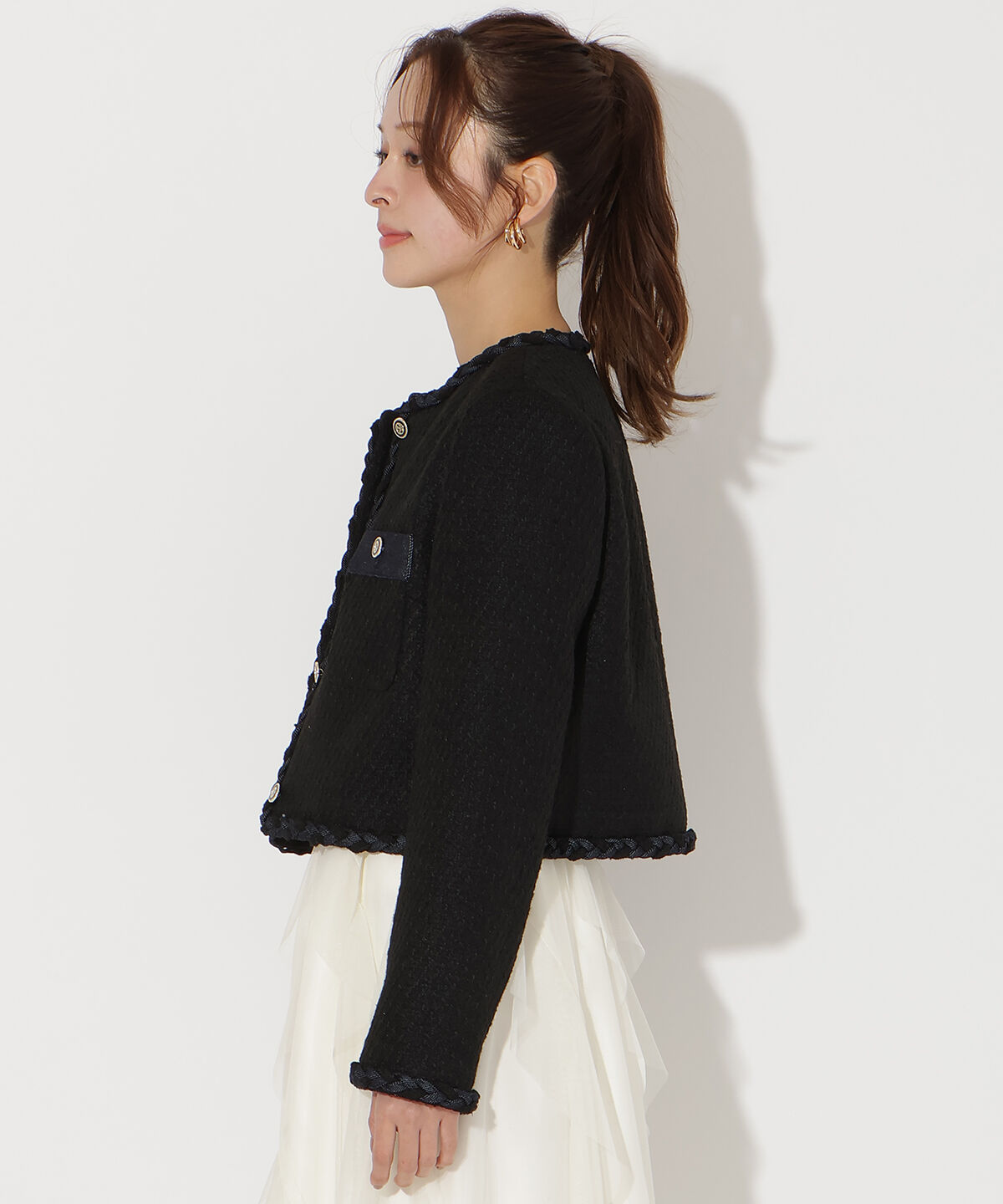 アンドクチュール「デニムコンビツイードジャケット」|ノーカラージャケット|