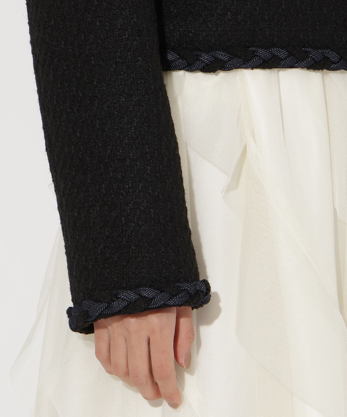 アンドクチュール「デニムコンビツイードジャケット」|ノーカラージャケット|