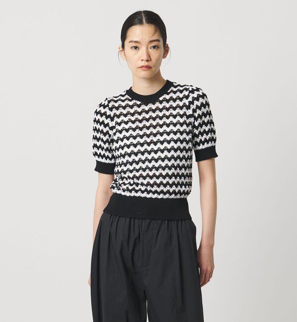 AEWEN MATOPH「＜AEWEN MATOPH＞シェプロンストライプショートスリーブニット ウォッシャブル」|ニット・セーター|BLACK