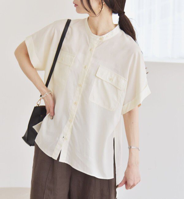 quaranciel「quaranciel:〈手洗い可能〉バンドカラー ハーフスリーブ ポケット ワーク シャツ」|シャツ・ブラウス|