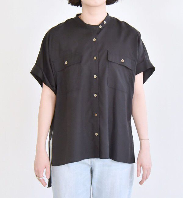 quaranciel「quaranciel:〈手洗い可能〉バンドカラー ハーフスリーブ ポケット ワーク シャツ」|シャツ・ブラウス|