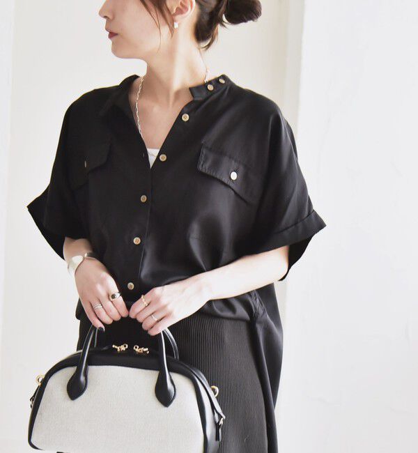 quaranciel「quaranciel:〈手洗い可能〉バンドカラー ハーフスリーブ ポケット ワーク シャツ」|シャツ・ブラウス|