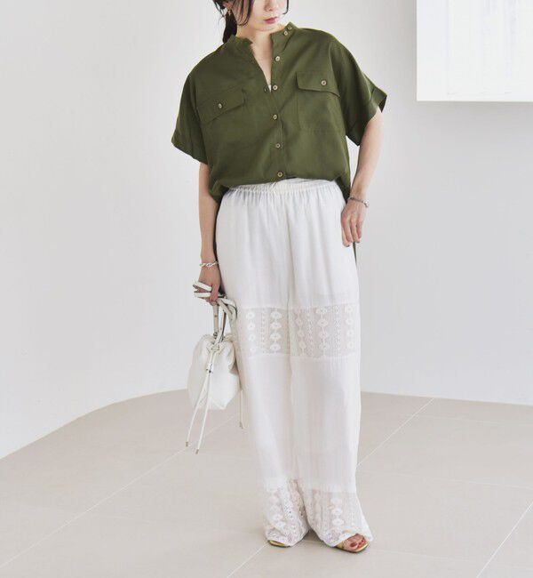 quaranciel「quaranciel:〈手洗い可能〉バンドカラー ハーフスリーブ ポケット ワーク シャツ」|シャツ・ブラウス|