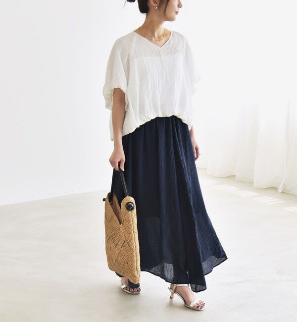 quaranciel「quaranciel:〈洗濯機可能〉シアー ストライプ ギャザーフレア スカート & ブラウス セット」|ワンピース|