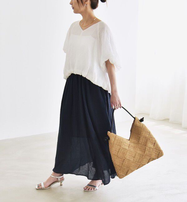 quaranciel「quaranciel:〈洗濯機可能〉シアー ストライプ ギャザーフレア スカート & ブラウス セット」|ワンピース|