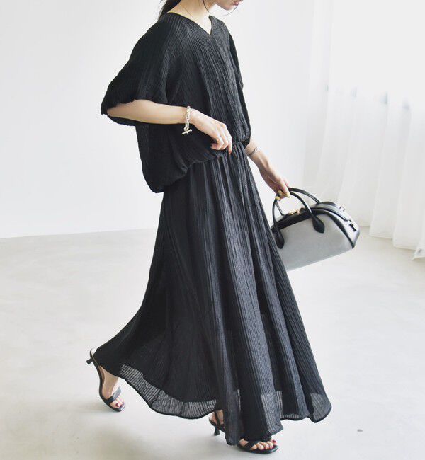 quaranciel「quaranciel:〈洗濯機可能〉シアー ストライプ ギャザーフレア スカート & ブラウス セット」|ワンピース|ブラック