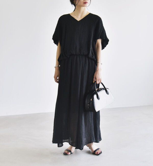 quaranciel「quaranciel:〈洗濯機可能〉シアー ストライプ ギャザーフレア スカート & ブラウス セット」|ワンピース|