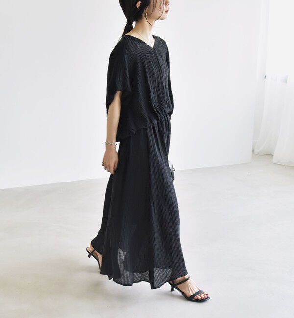 quaranciel「quaranciel:〈洗濯機可能〉シアー ストライプ ギャザーフレア スカート & ブラウス セット」|ワンピース|